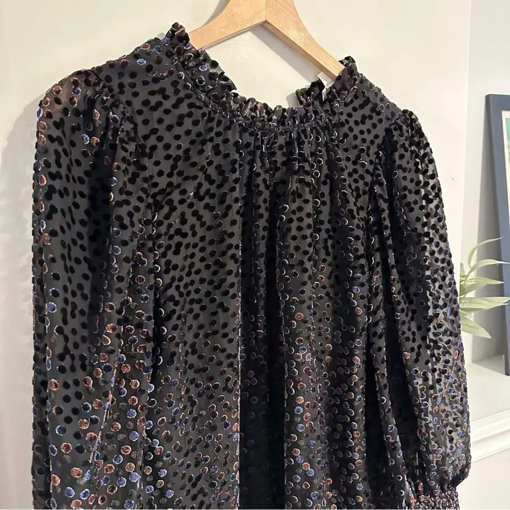 Anthropologie Shoshanna Black Brown Velvet Polka Dot Blouse Top Large